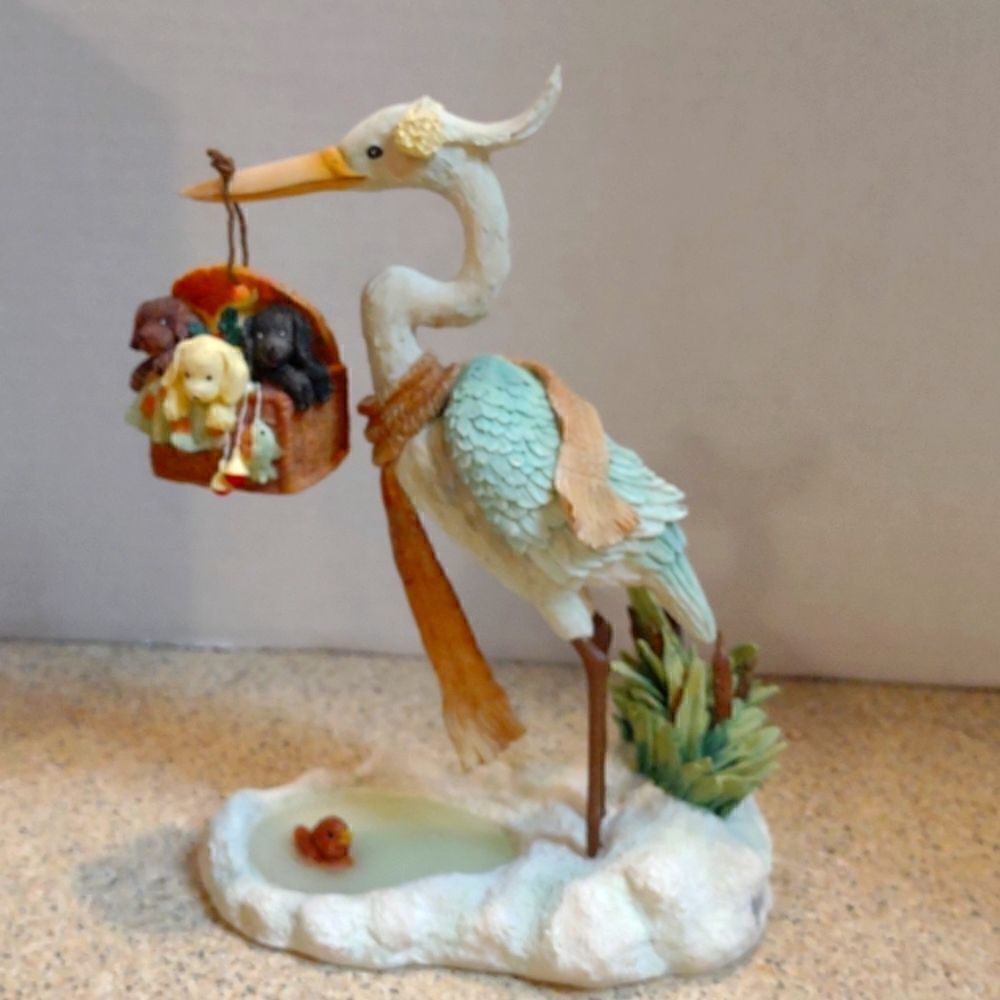Vintage Enesco Stork with Basket of Puppies Figurine 7"H x 6" W